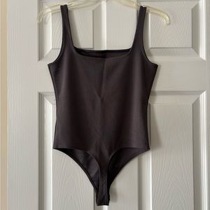 Fitted Square Neck Thong Bodysuit - Dark Gray